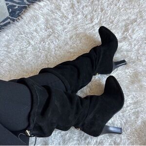 Hot in Hollywood Black Suede convertible Tall Heeled Boots Sz 7.5 Ruched